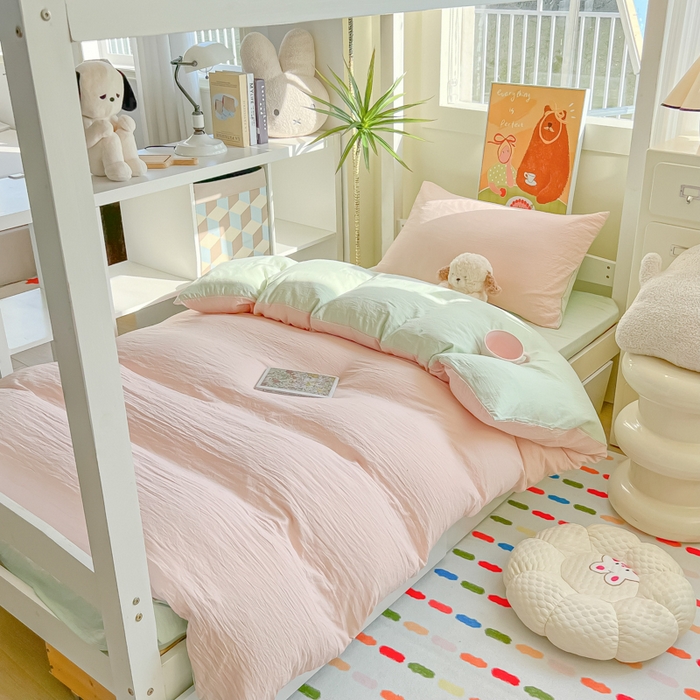 91家纺网 家纺一手货源 找家纺 韩巢家纺 2025新款纯色水洗棉寝室上下铺三件套学生宿舍床上三件套 水洗棉浅粉绿