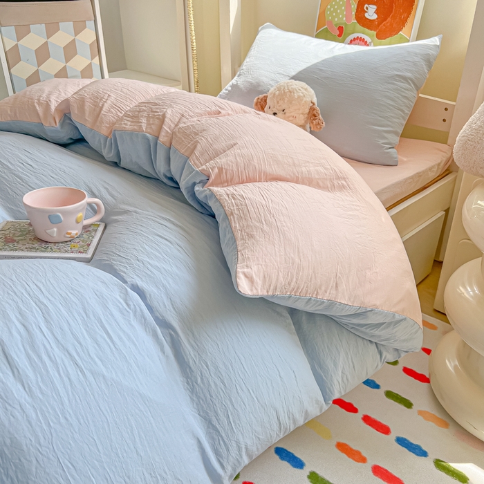 91家纺网 家纺一手货源 找家纺 韩巢家纺 2025新款纯色水洗棉寝室上下铺三件套学生宿舍床上三件套 水洗棉蓝粉