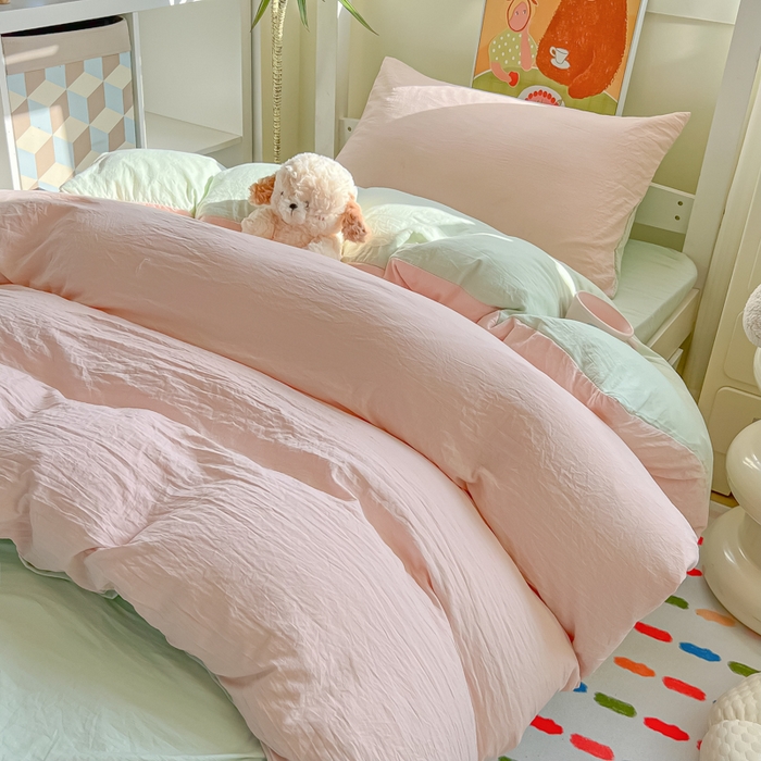 91家纺网 家纺一手货源 找家纺 韩巢家纺 2025新款纯色水洗棉寝室上下铺三件套学生宿舍床上三件套 水洗棉浅粉绿