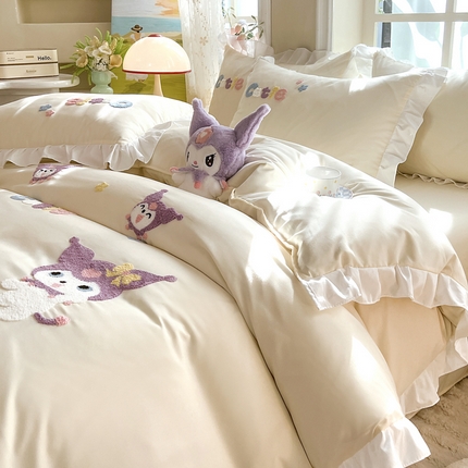 91家纺网 家纺一手货源 找家纺 （总）雨菲家纺 2025新款学生季水洗棉毛巾绣花荷叶花边三件套四件套床单床笠款