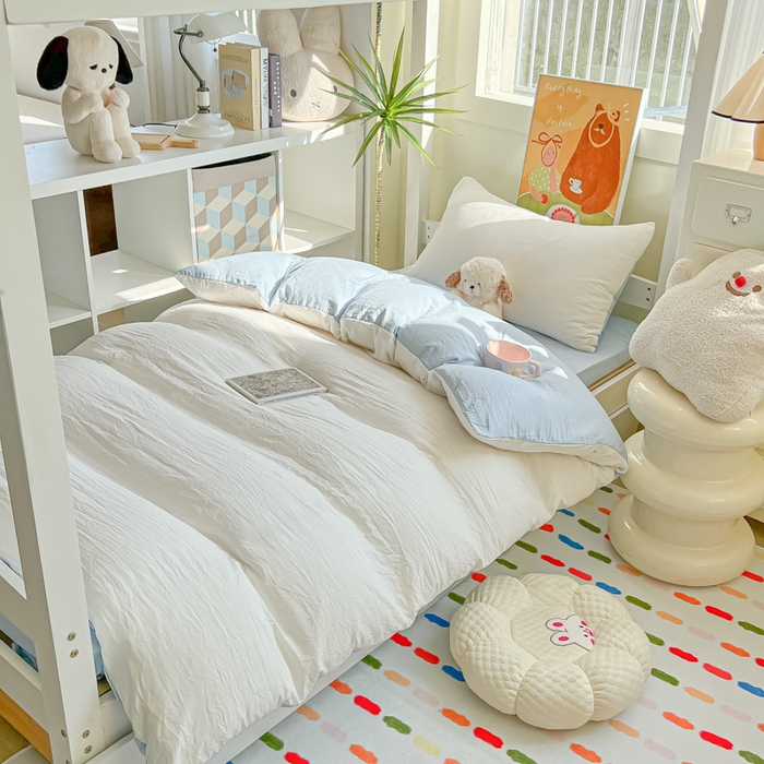 91家纺网 家纺一手货源 找家纺 韩巢家纺 2025新款纯色水洗棉寝室上下铺三件套学生宿舍床上三件套 水洗棉白蓝