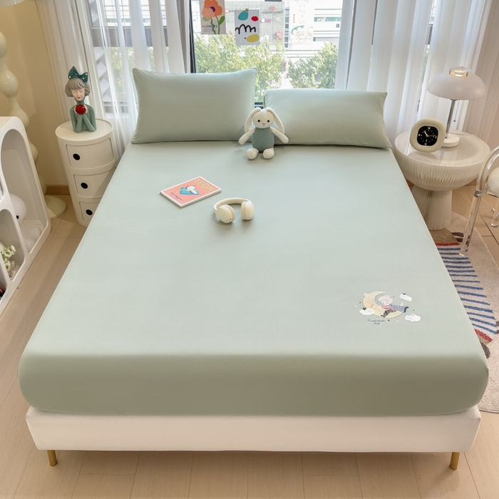 91家纺网 家纺一手货源 找家纺 米菲 2025新款高密针织棉印花床笠-梦幻 梦幻--苹果绿