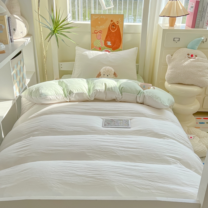 91家纺网 家纺一手货源 找家纺 韩巢家纺 2025新款纯色水洗棉寝室上下铺三件套学生宿舍床上三件套 水洗棉白绿