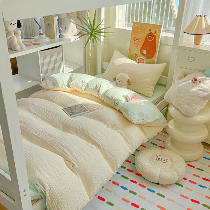 91家纺网 家纺一手货源 找家纺 韩巢家纺 2025新款纯色水洗棉寝室上下铺三件套学生宿舍床上三件套 水洗棉奶黄绿