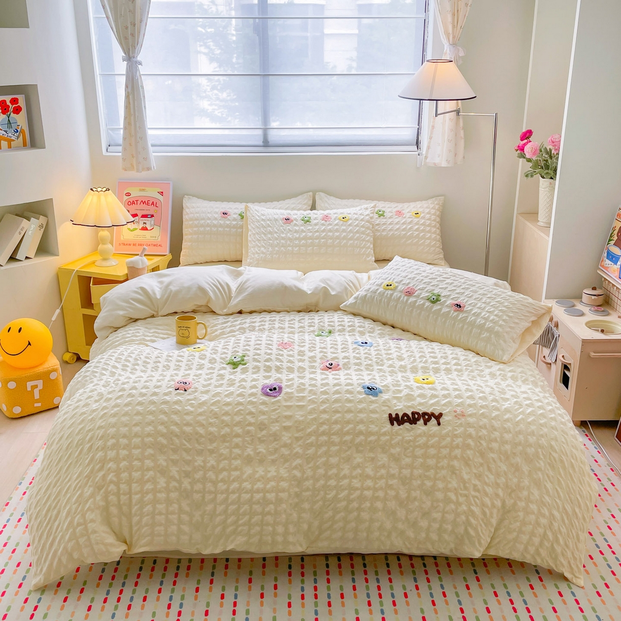 91家纺网 家纺一手货源 找家纺 千希家纺 2025新款高克重超柔泡泡纱毛巾绣泡芙精灵系列四件套 泡芙精灵-奶油黄