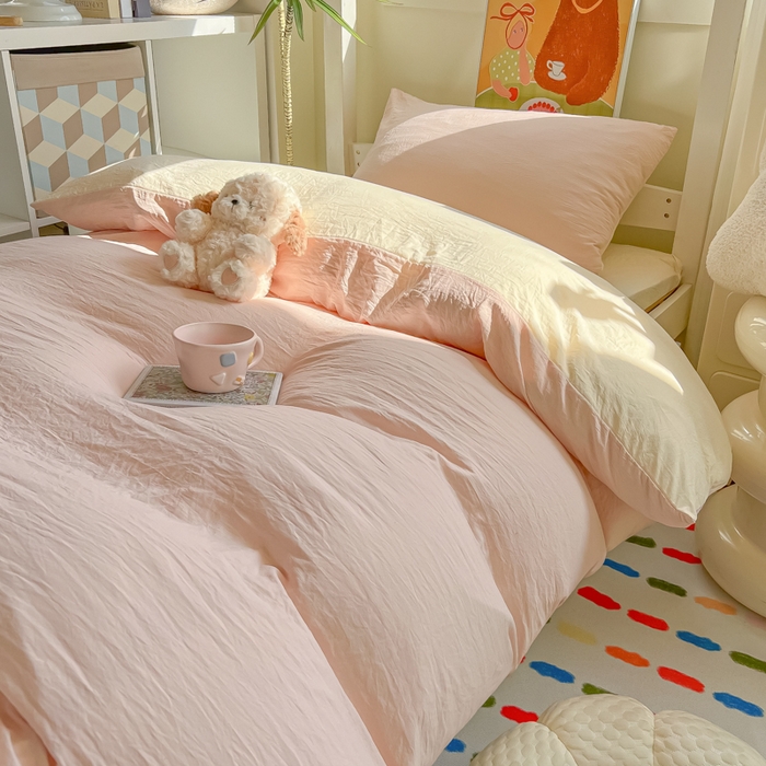 91家纺网 家纺一手货源 找家纺 韩巢家纺 2025新款纯色水洗棉寝室上下铺三件套学生宿舍床上三件套 水洗棉浅粉黄
