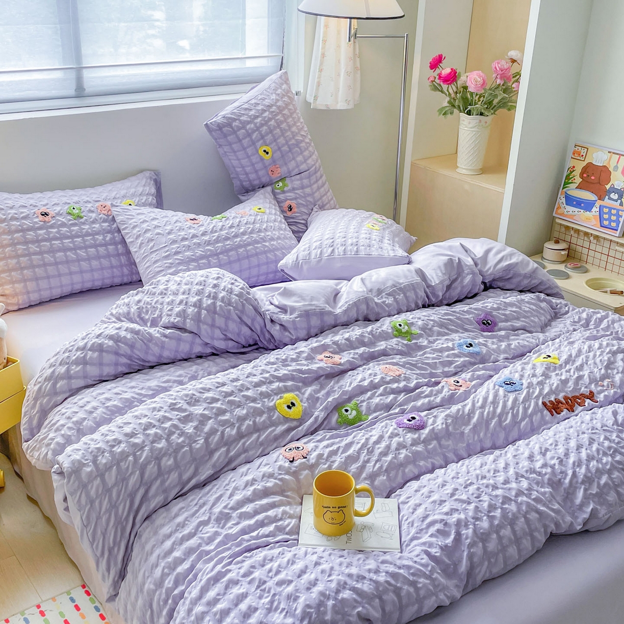 91家纺网 家纺一手货源 找家纺 千希家纺 2025新款高克重超柔泡泡纱毛巾绣泡芙精灵系列四件套 泡芙精灵-香芋紫