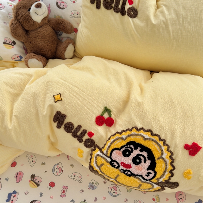 91家纺网 家纺一手货源 找家纺 三元色 2025新款云感毛巾绣四件套 榴莲小新