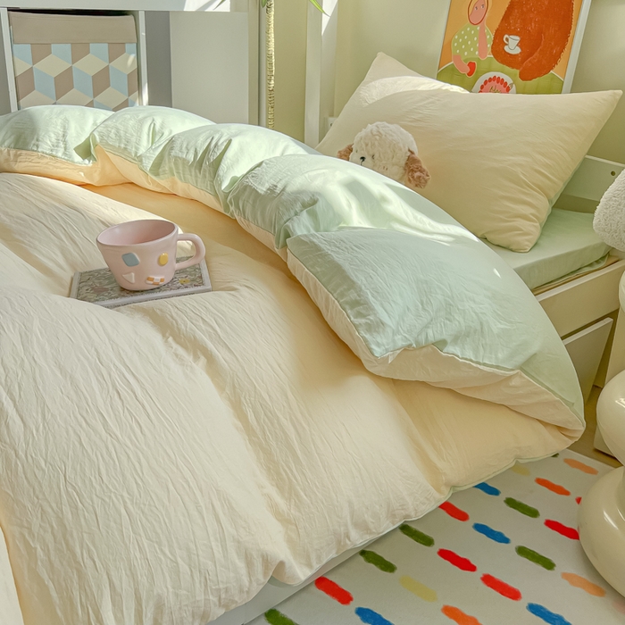 91家纺网 家纺一手货源 找家纺 韩巢家纺 2025新款纯色水洗棉寝室上下铺三件套学生宿舍床上三件套 水洗棉奶黄绿