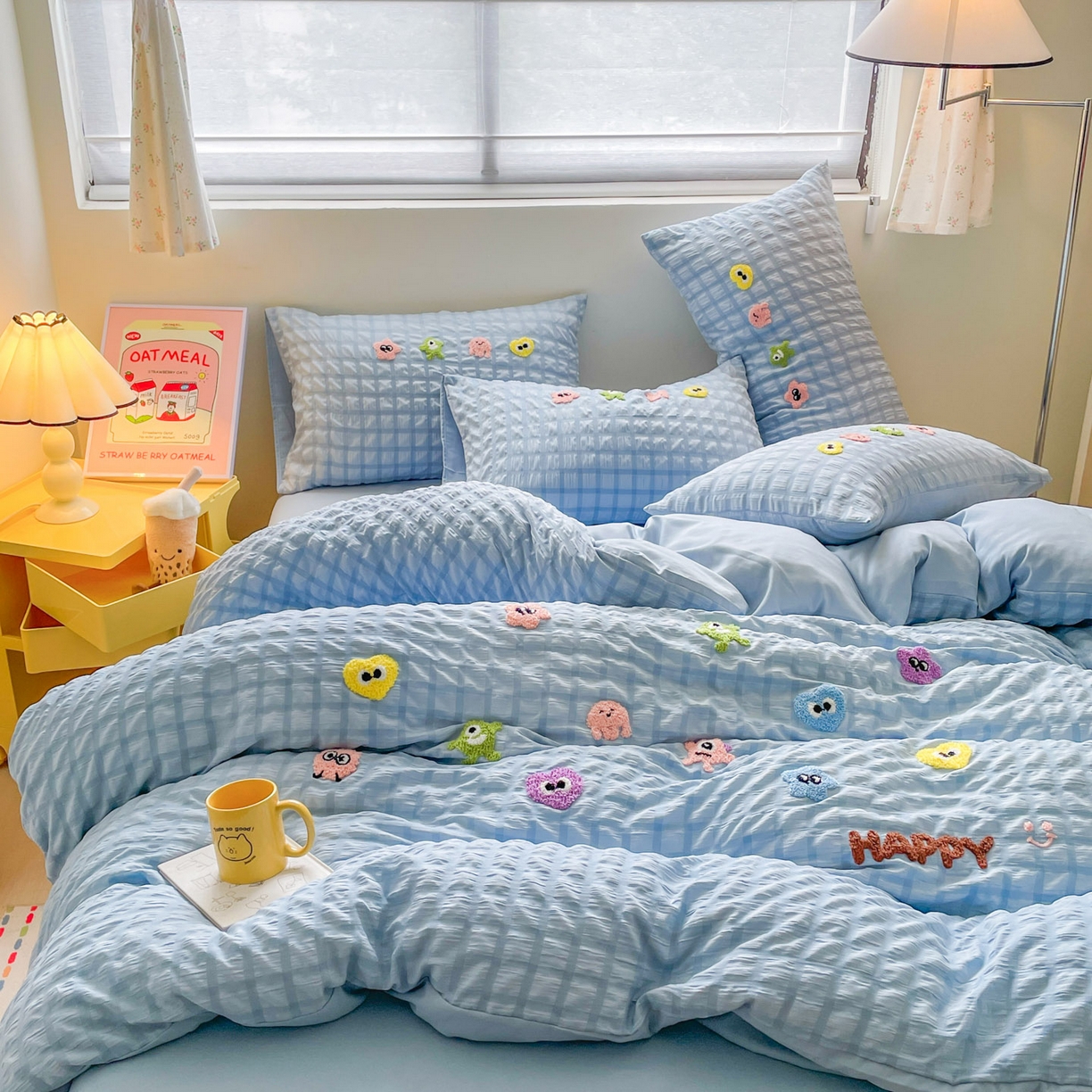 91家纺网 家纺一手货源 找家纺 千希家纺 2025新款高克重超柔泡泡纱毛巾绣泡芙精灵系列四件套 泡芙精灵-天空蓝