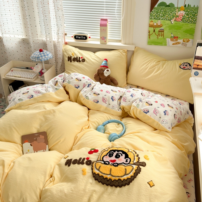 91家纺网 家纺一手货源 找家纺 三元色 2025新款云感毛巾绣四件套 榴莲小新