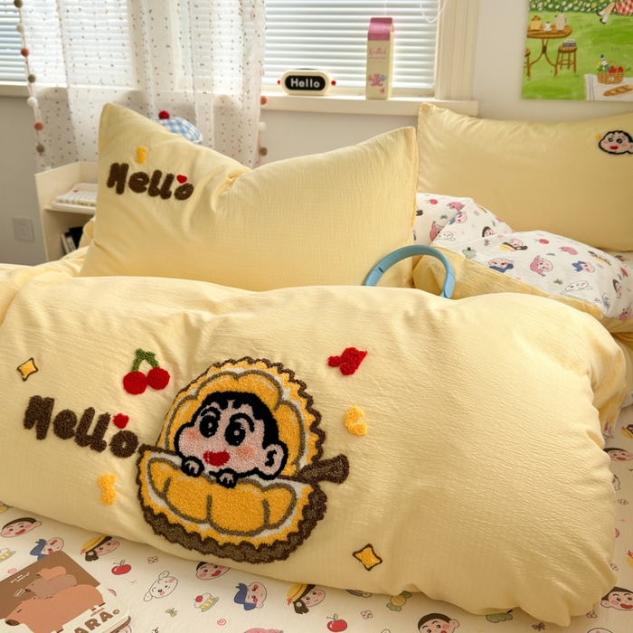 91家纺网 家纺一手货源 找家纺 三元色 2025新款云感毛巾绣四件套 榴莲小新