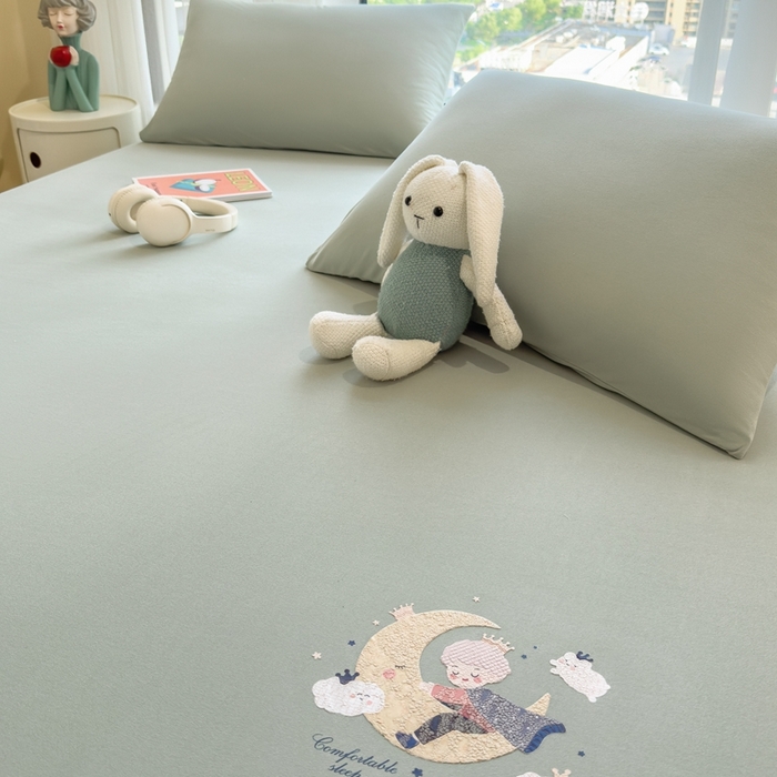 91家纺网 家纺一手货源 找家纺 米菲 2025新款高密针织棉印花床笠-梦幻 梦幻--苹果绿