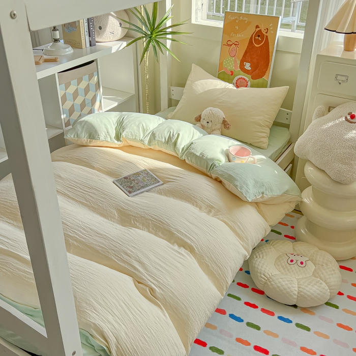 91家纺网 家纺一手货源 找家纺 韩巢家纺 2025新款纯色水洗棉寝室上下铺三件套学生宿舍床上三件套 水洗棉奶黄绿