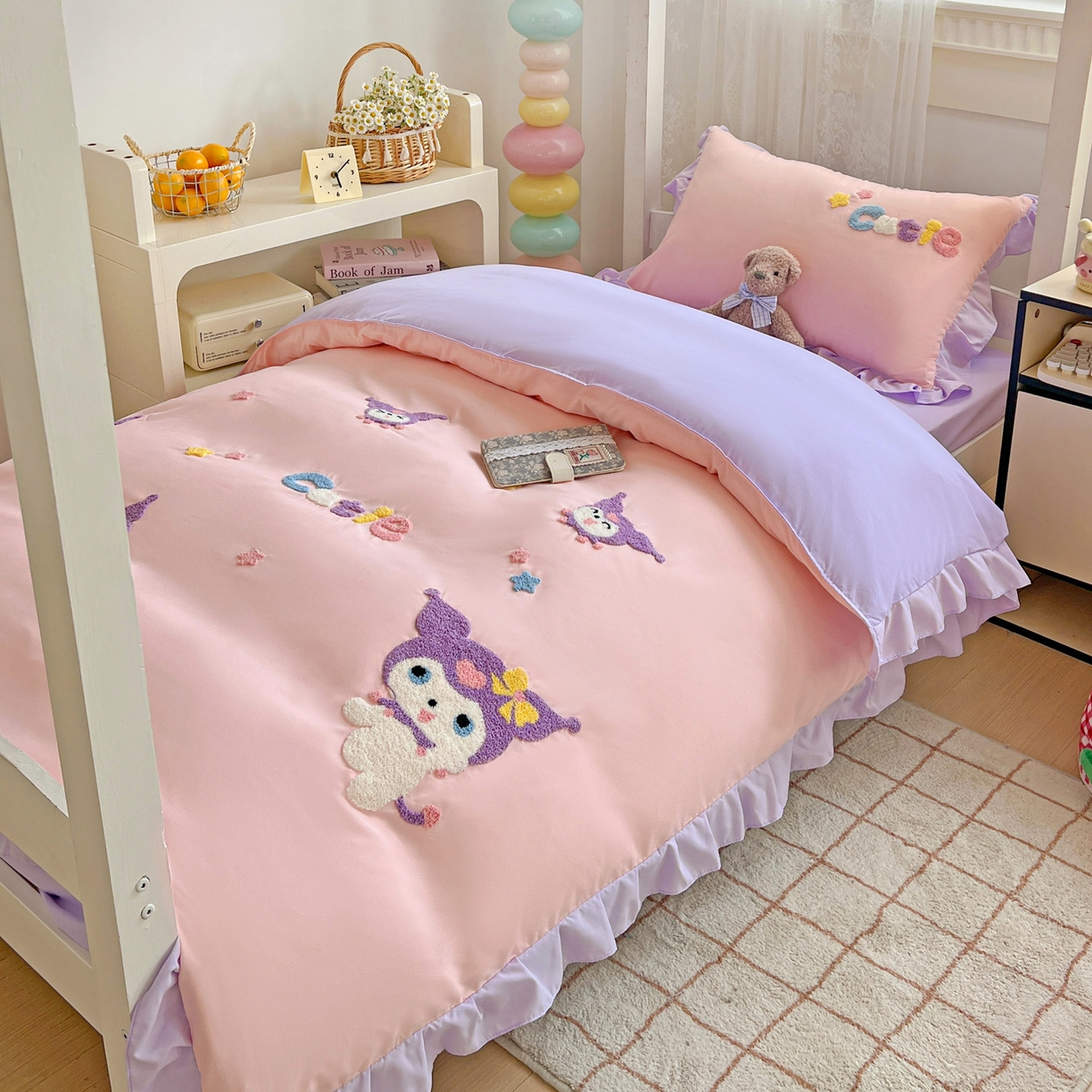 91家纺网 家纺一手货源 找家纺 雨菲家纺 2025新款学生季水洗棉毛巾绣花荷叶花边三件套四件套床单床笠款 米米兔粉紫