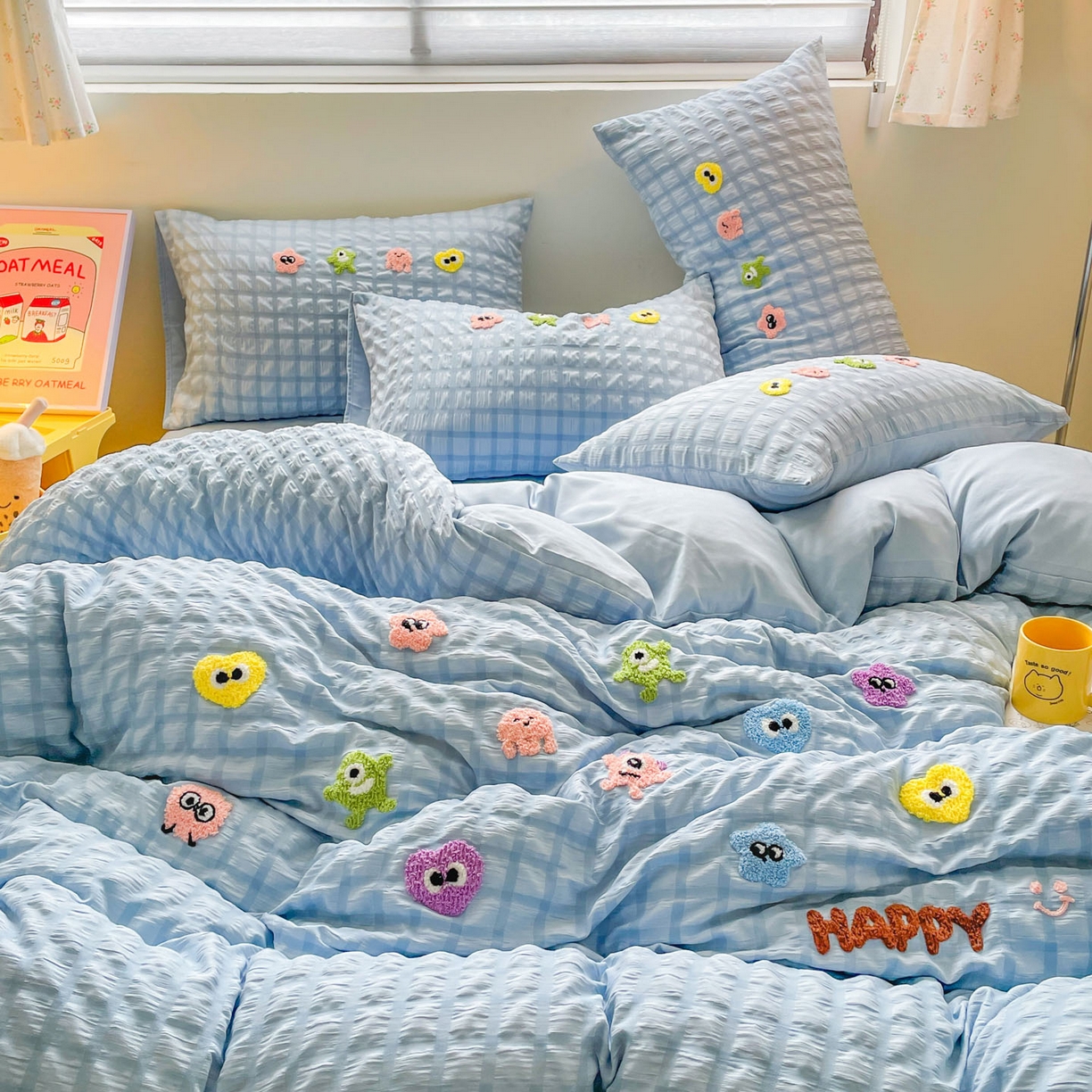 91家纺网 家纺一手货源 找家纺 千希家纺 2025新款高克重超柔泡泡纱毛巾绣泡芙精灵系列四件套 泡芙精灵-天空蓝