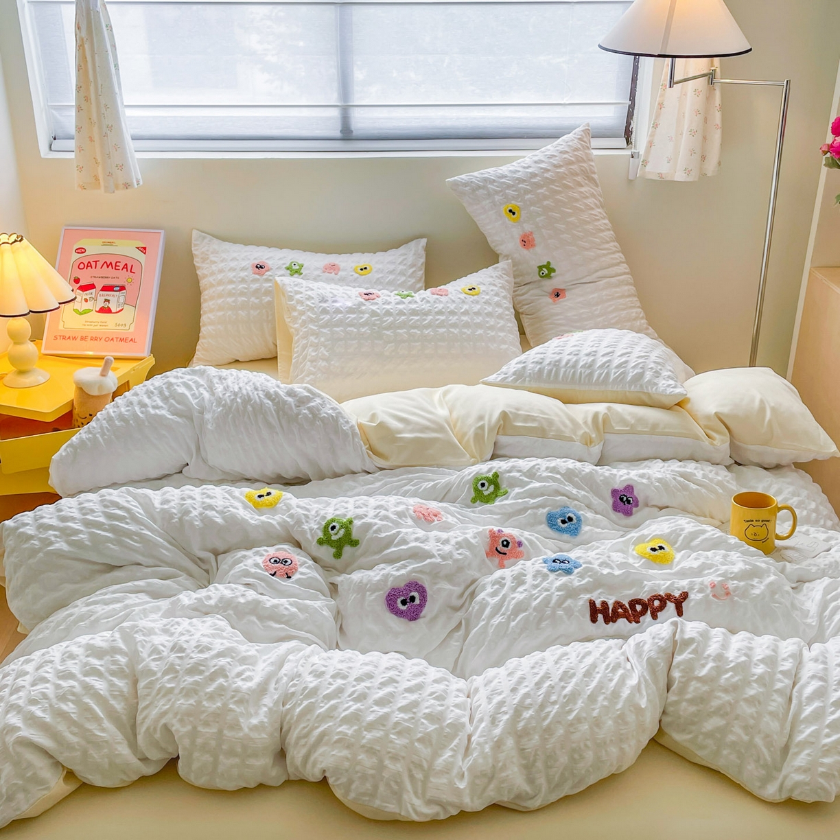 91家纺网 家纺一手货源 找家纺 千希家纺 2025新款高克重超柔泡泡纱毛巾绣泡芙精灵系列四件套 泡芙精灵-月牙白