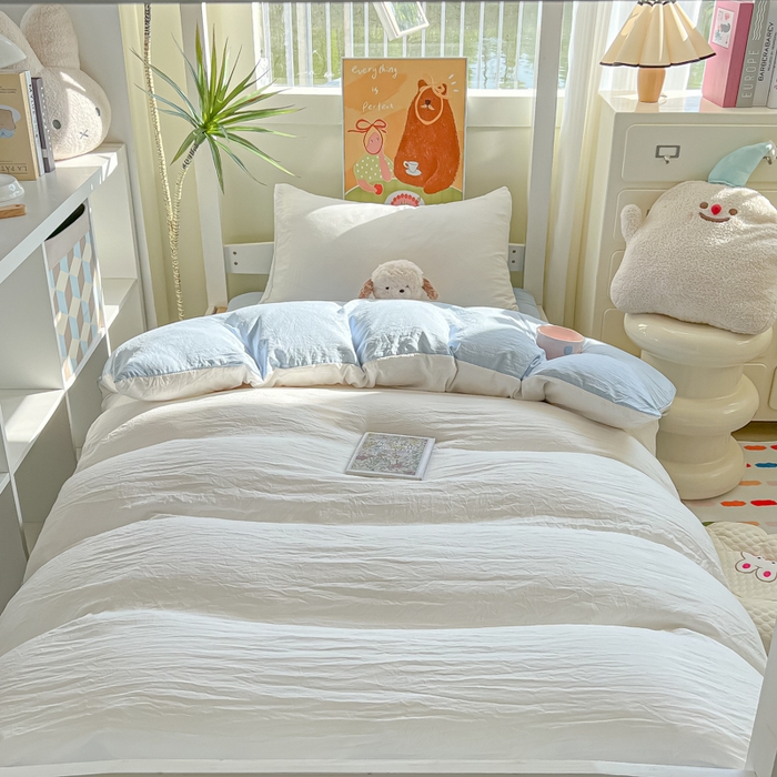 91家纺网 家纺一手货源 找家纺 韩巢家纺 2025新款纯色水洗棉寝室上下铺三件套学生宿舍床上三件套 水洗棉白蓝