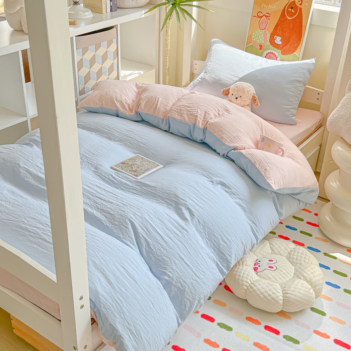 91家纺网 家纺一手货源 找家纺 韩巢家纺 2025新款纯色水洗棉寝室上下铺三件套学生宿舍床上三件套 水洗棉蓝粉