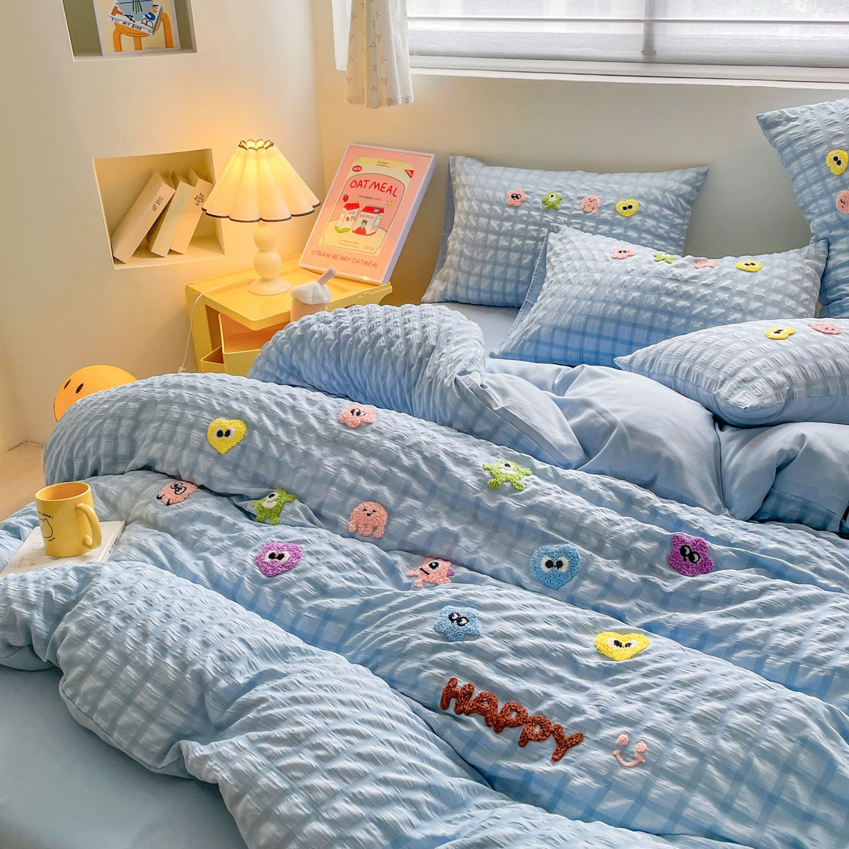 91家纺网 家纺一手货源 找家纺 千希家纺 2025新款高克重超柔泡泡纱毛巾绣泡芙精灵系列四件套 泡芙精灵-天空蓝