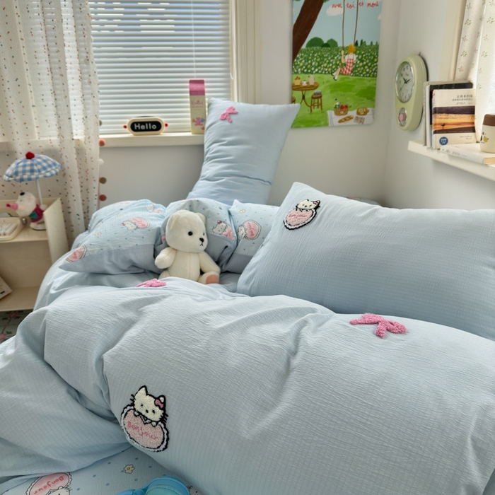 91家纺网 家纺一手货源 找家纺 三元色 2025新款云感毛巾绣四件套 爱心猫咪-蓝