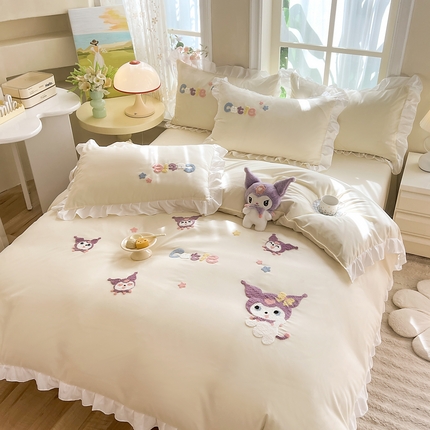 雨菲家纺 2025新款学生季水洗棉毛巾绣花荷叶花边三件套四件套床单床笠款 米米兔杏
