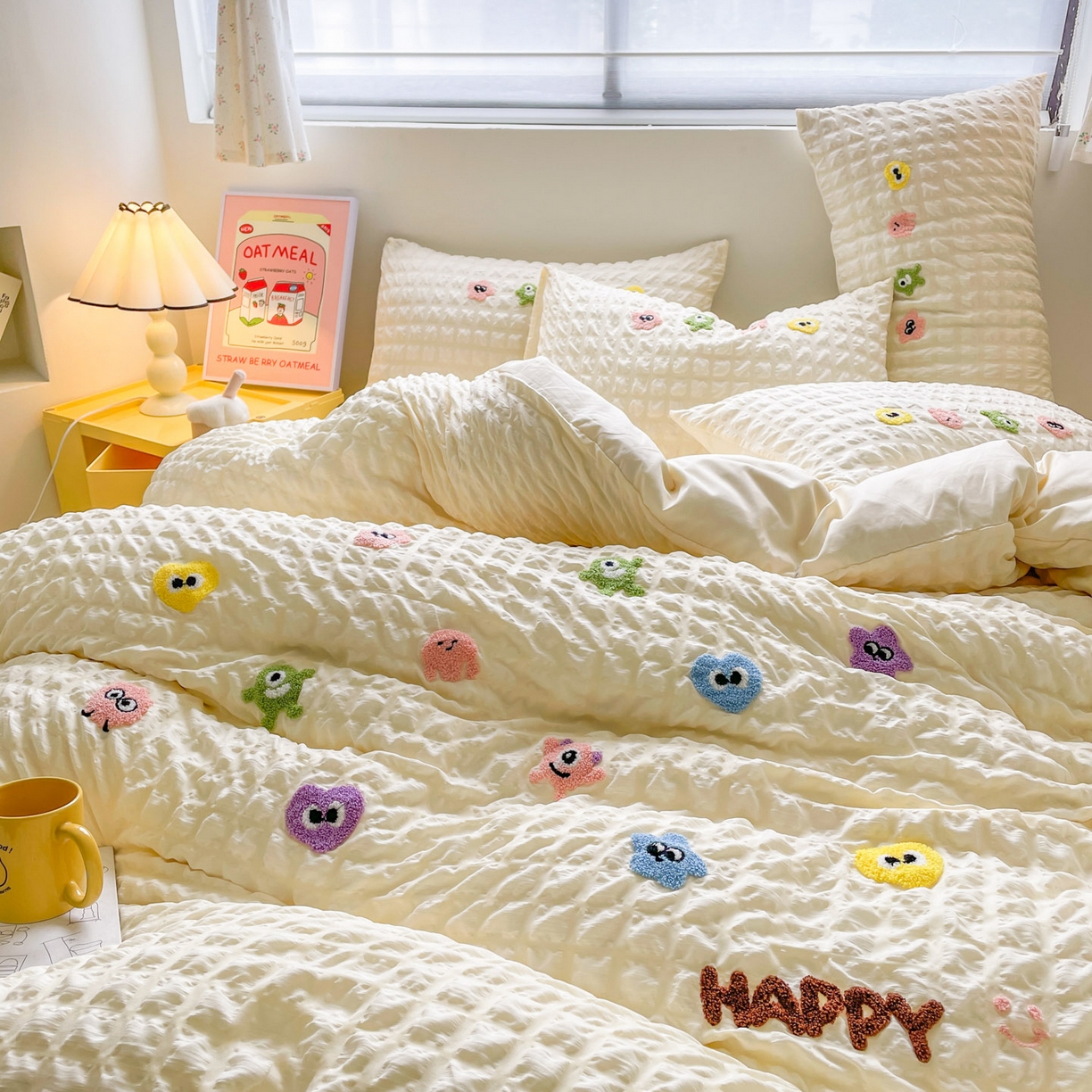 91家纺网 家纺一手货源 找家纺 千希家纺 2025新款高克重超柔泡泡纱毛巾绣泡芙精灵系列四件套 泡芙精灵-奶油黄