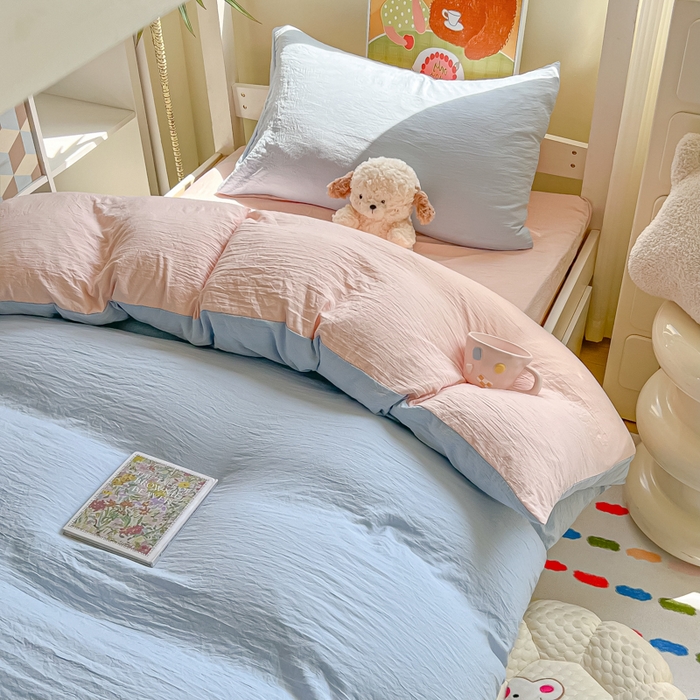 91家纺网 家纺一手货源 找家纺 韩巢家纺 2025新款纯色水洗棉寝室上下铺三件套学生宿舍床上三件套 水洗棉蓝粉
