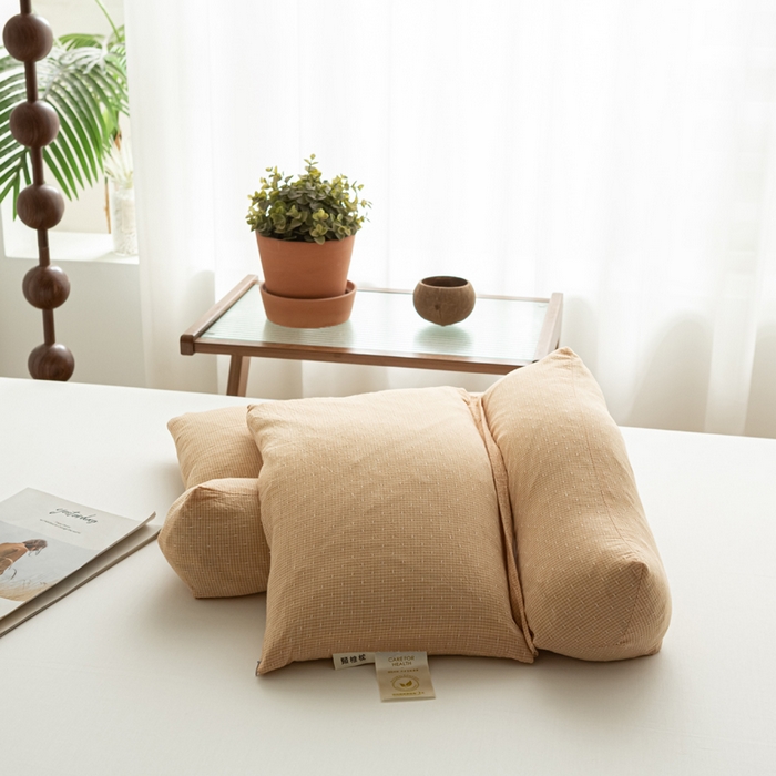 91家纺网 家纺一手货源 找家纺 萌番宝 2025新款A类水洗棉全棉三角方格二合一组合荞麦枕头草本清香荞麦腰枕 黄色三角46*16+方枕46*28