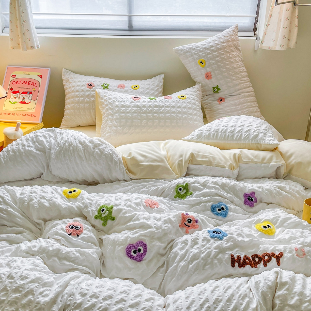 91家纺网 家纺一手货源 找家纺 （总）千希家纺 2025新款高克重超柔泡泡纱毛巾绣泡芙精灵系列四件套