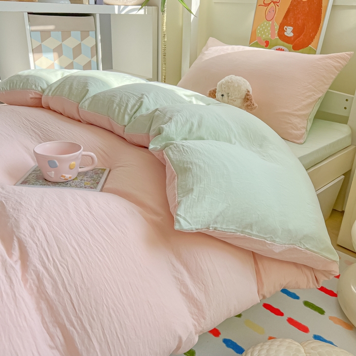 91家纺网 家纺一手货源 找家纺 韩巢家纺 2025新款纯色水洗棉寝室上下铺三件套学生宿舍床上三件套 水洗棉浅粉绿