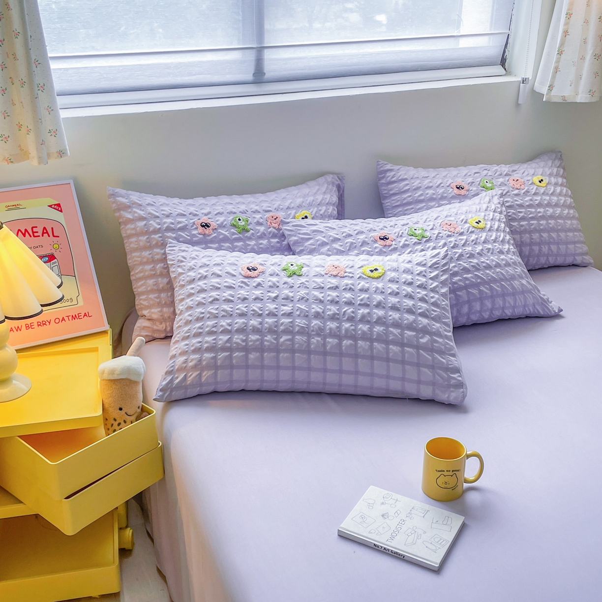 91家纺网 家纺一手货源 找家纺 千希家纺 2025新款高克重超柔泡泡纱毛巾绣泡芙精灵系列四件套 泡芙精灵-香芋紫