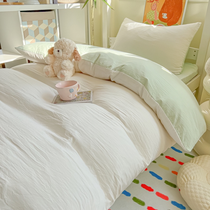 91家纺网 家纺一手货源 找家纺 韩巢家纺 2025新款纯色水洗棉寝室上下铺三件套学生宿舍床上三件套 水洗棉白绿