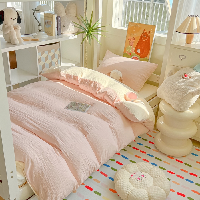 91家纺网 家纺一手货源 找家纺 韩巢家纺 2025新款纯色水洗棉寝室上下铺三件套学生宿舍床上三件套 水洗棉浅粉黄