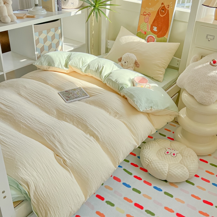 91家纺网 家纺一手货源 找家纺 韩巢家纺 2025新款纯色水洗棉寝室上下铺三件套学生宿舍床上三件套 水洗棉奶黄绿