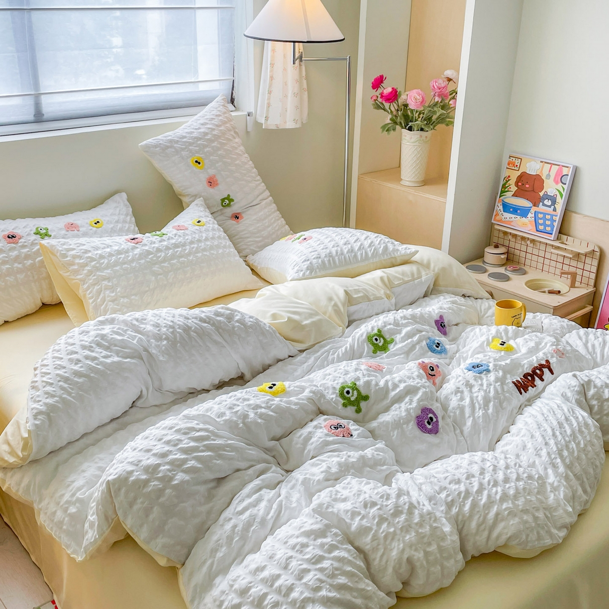 91家纺网 家纺一手货源 找家纺 （总）千希家纺 2025新款高克重超柔泡泡纱毛巾绣泡芙精灵系列四件套