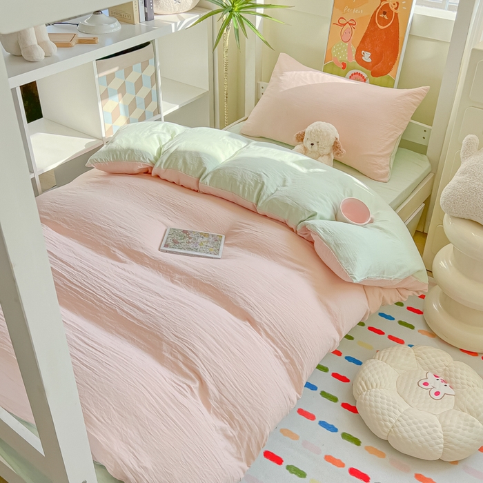 91家纺网 家纺一手货源 找家纺 韩巢家纺 2025新款纯色水洗棉寝室上下铺三件套学生宿舍床上三件套 水洗棉浅粉绿