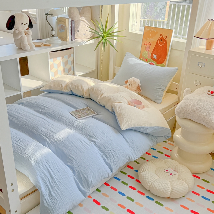 91家纺网 家纺一手货源 找家纺 韩巢家纺 2025新款纯色水洗棉寝室上下铺三件套学生宿舍床上三件套 水洗棉浅蓝黄