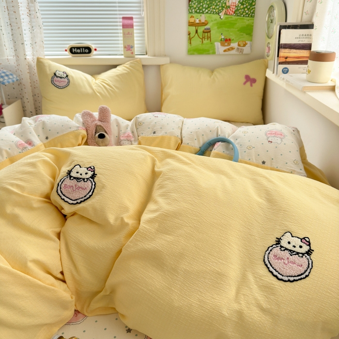 91家纺网 家纺一手货源 找家纺 三元色 2025新款云感毛巾绣四件套 爱心猫咪-黄