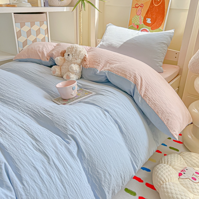 91家纺网 家纺一手货源 找家纺 韩巢家纺 2025新款纯色水洗棉寝室上下铺三件套学生宿舍床上三件套 水洗棉蓝粉