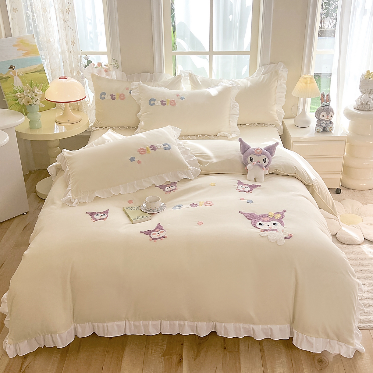 91家纺网 家纺一手货源 找家纺 雨菲家纺 2025新款学生季水洗棉毛巾绣花荷叶花边三件套四件套床单床笠款 米米兔杏