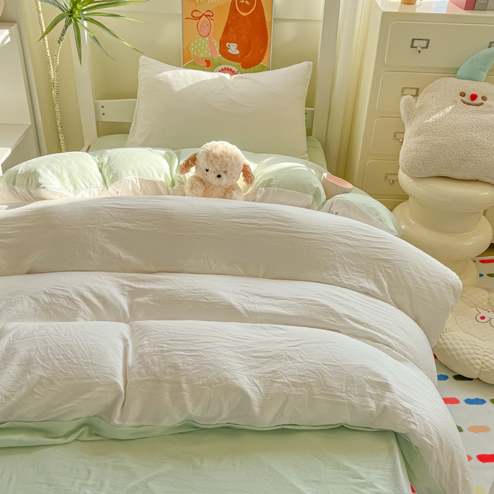 91家纺网 家纺一手货源 找家纺 韩巢家纺 2025新款纯色水洗棉寝室上下铺三件套学生宿舍床上三件套 水洗棉白绿