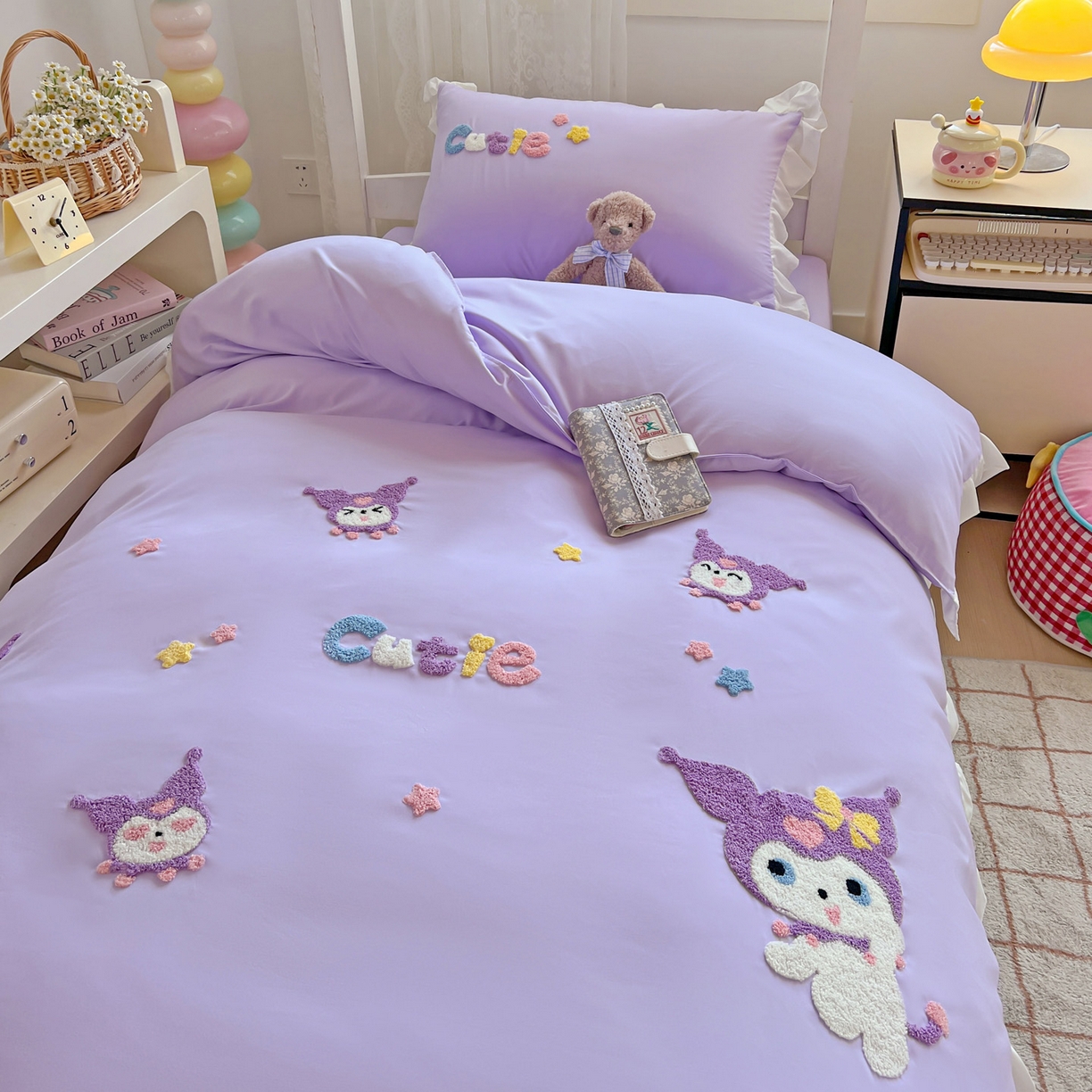 91家纺网 家纺一手货源 找家纺 雨菲家纺 2025新款学生季水洗棉毛巾绣花荷叶花边三件套四件套床单床笠款 米米兔紫