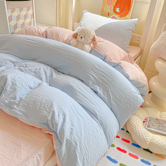 91家纺网 家纺一手货源 找家纺 韩巢家纺 2025新款纯色水洗棉寝室上下铺三件套学生宿舍床上三件套 水洗棉蓝粉