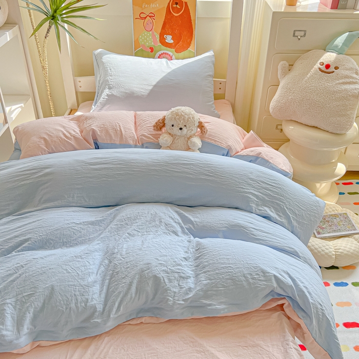 91家纺网 家纺一手货源 找家纺 韩巢家纺 2025新款纯色水洗棉寝室上下铺三件套学生宿舍床上三件套 水洗棉蓝粉