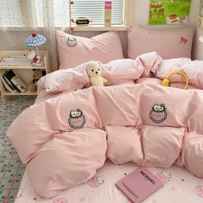 91家纺网 家纺一手货源 找家纺 三元色 2025新款云感毛巾绣四件套 爱心猫咪-粉