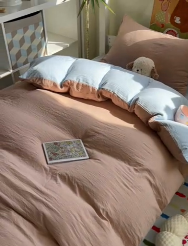 91家纺网 家纺一手货源 找家纺 韩巢家纺 2025新款纯色水洗棉寝室上下铺三件套学生宿舍床上三件套 水洗棉咖蓝