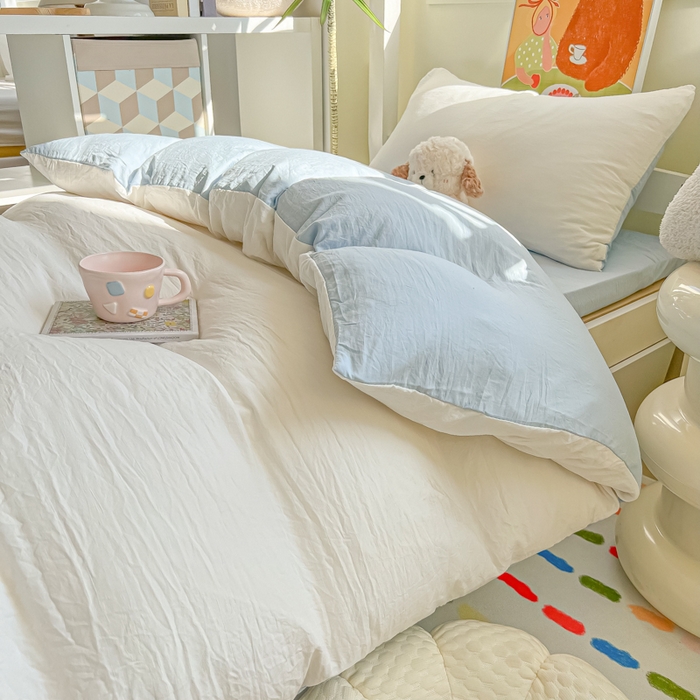 91家纺网 家纺一手货源 找家纺 韩巢家纺 2025新款纯色水洗棉寝室上下铺三件套学生宿舍床上三件套 水洗棉白蓝