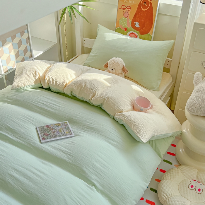 91家纺网 家纺一手货源 找家纺 韩巢家纺 2025新款纯色水洗棉寝室上下铺三件套学生宿舍床上三件套 水洗棉浅绿黄