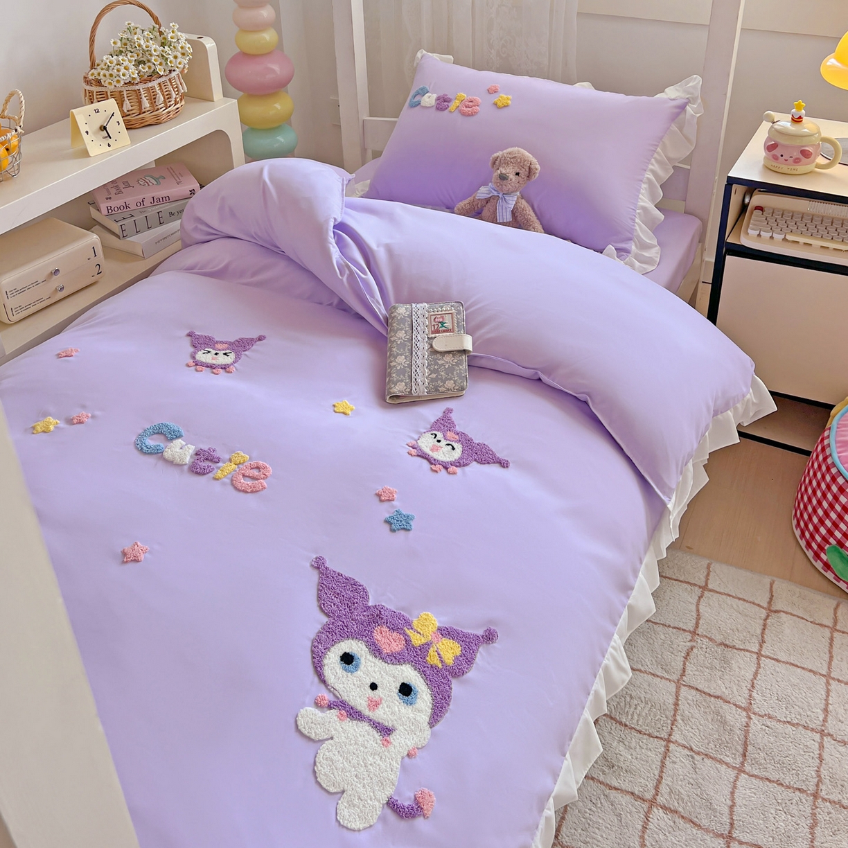 91家纺网 家纺一手货源 找家纺 雨菲家纺 2025新款学生季水洗棉毛巾绣花荷叶花边三件套四件套床单床笠款 米米兔紫